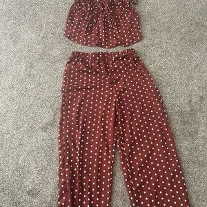 SHEIN Rust Brown Polka Dot Wide Leg Pajama Set